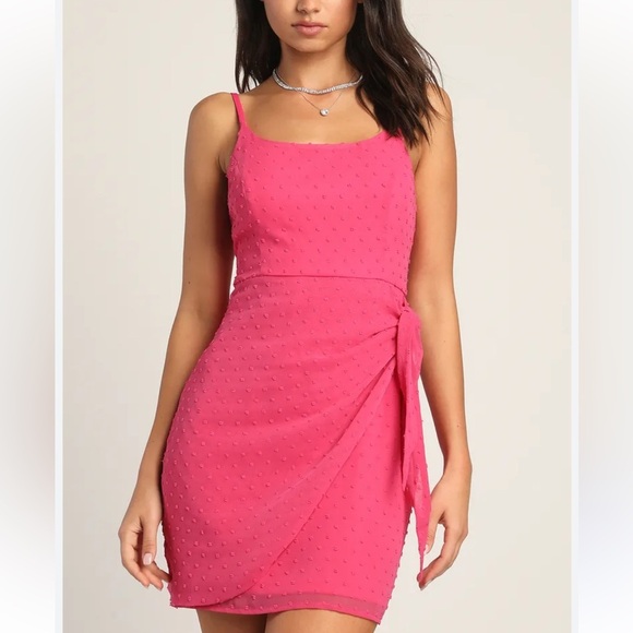 Lulu's Stole Your Love Hot Pink Swiss Dot Faux Wrap Textured Mini Dress Medium - Picture 1 of 8